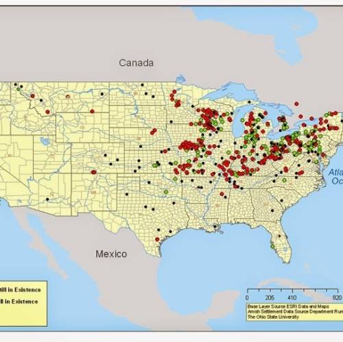 Puntos donde se encuentran las comunidades amish de Estados Unidos.